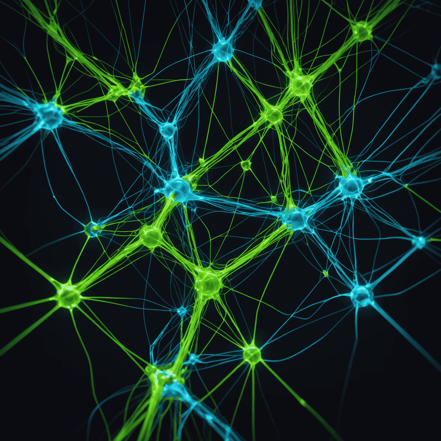 Abstract visualization of AI-powered design process, showing interconnected nodes and flowing data streams in electric blue and neon green colors