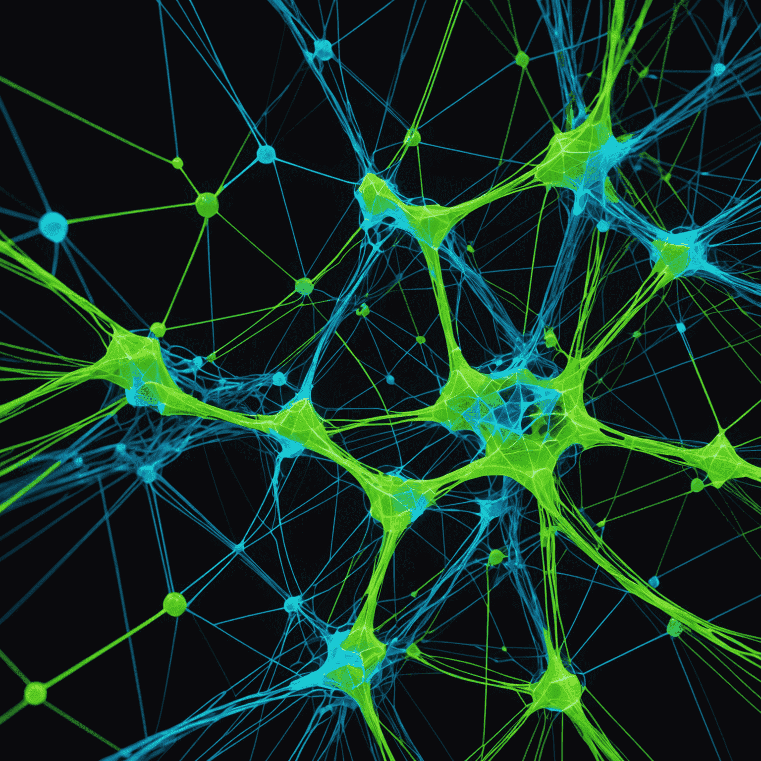 Abstract visualization of AI-driven design process, showing interconnected nodes and flowing data streams in electric blue and neon green colors