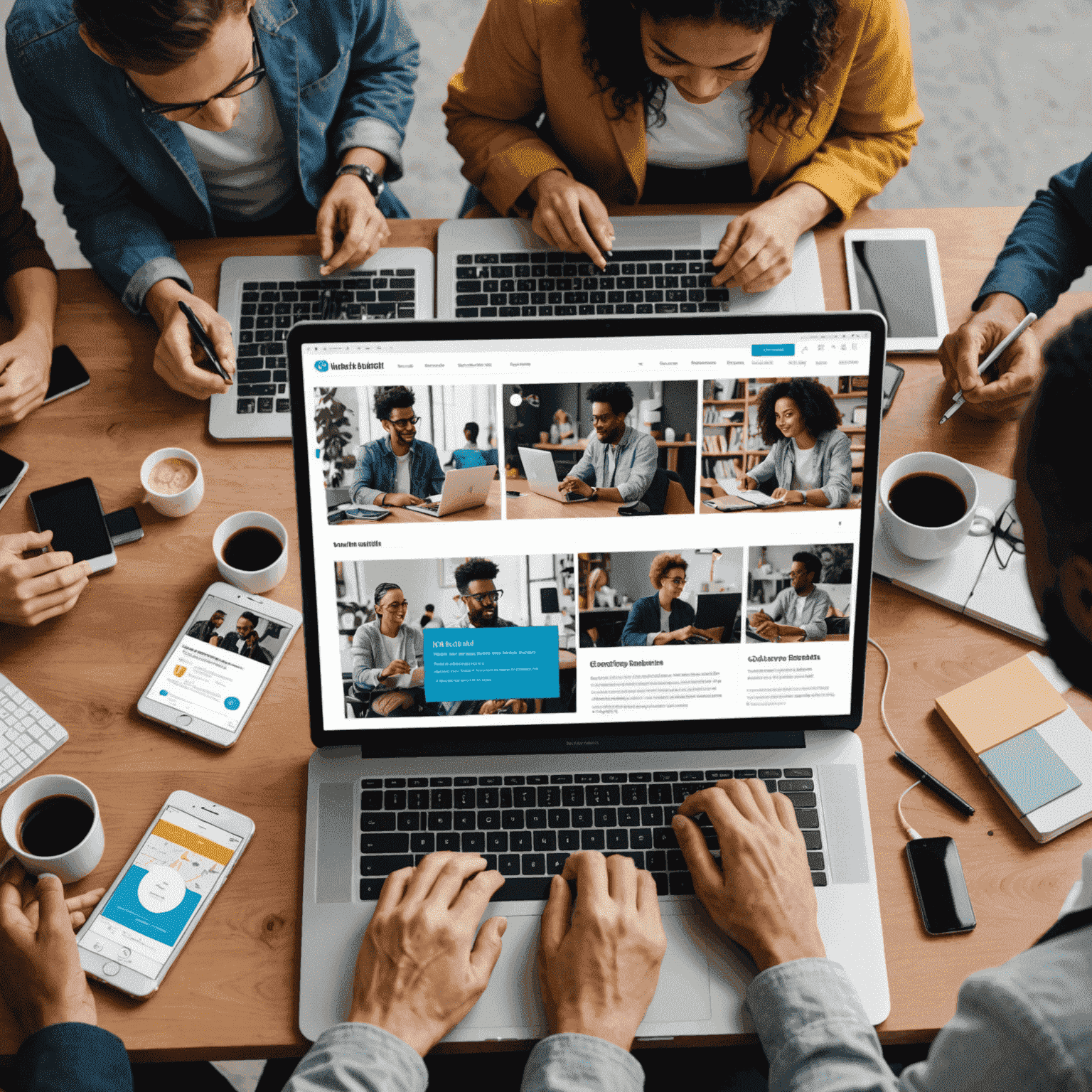 A diverse group of people using various devices to access a website, with visual cues highlighting accessibility features such as screen readers, keyboard navigation, and color contrast