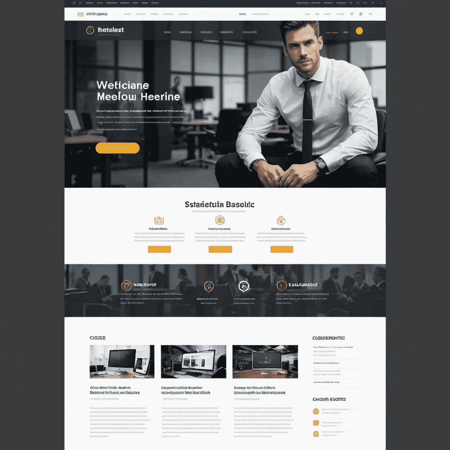 Business website template with a sleek design, featuring a hero section with a professional image, navigation menu, and call-to-action buttons