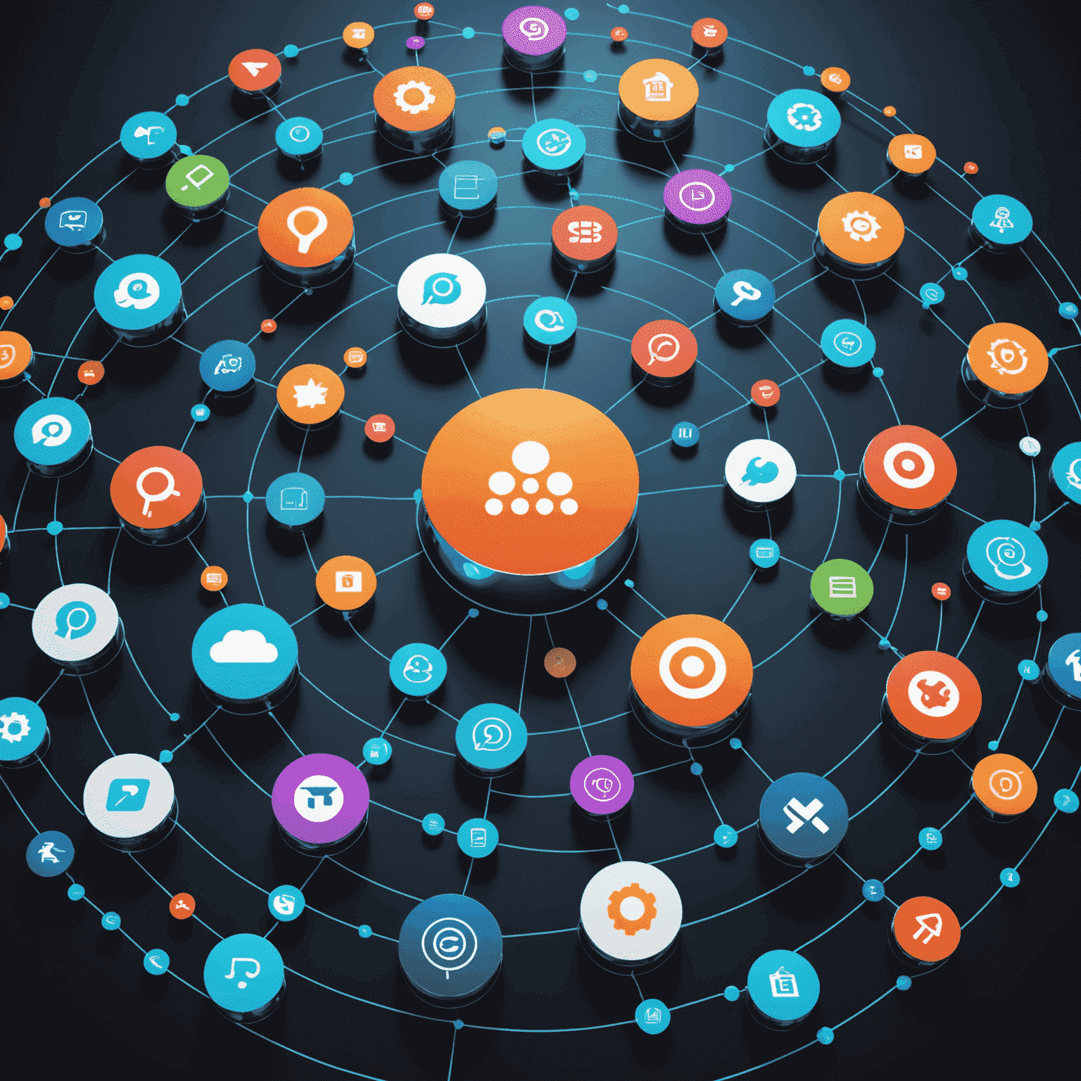 A futuristic 3D rendering showcasing various app icons and data streams connecting to a central website interface, representing seamless third-party integrations and API connections