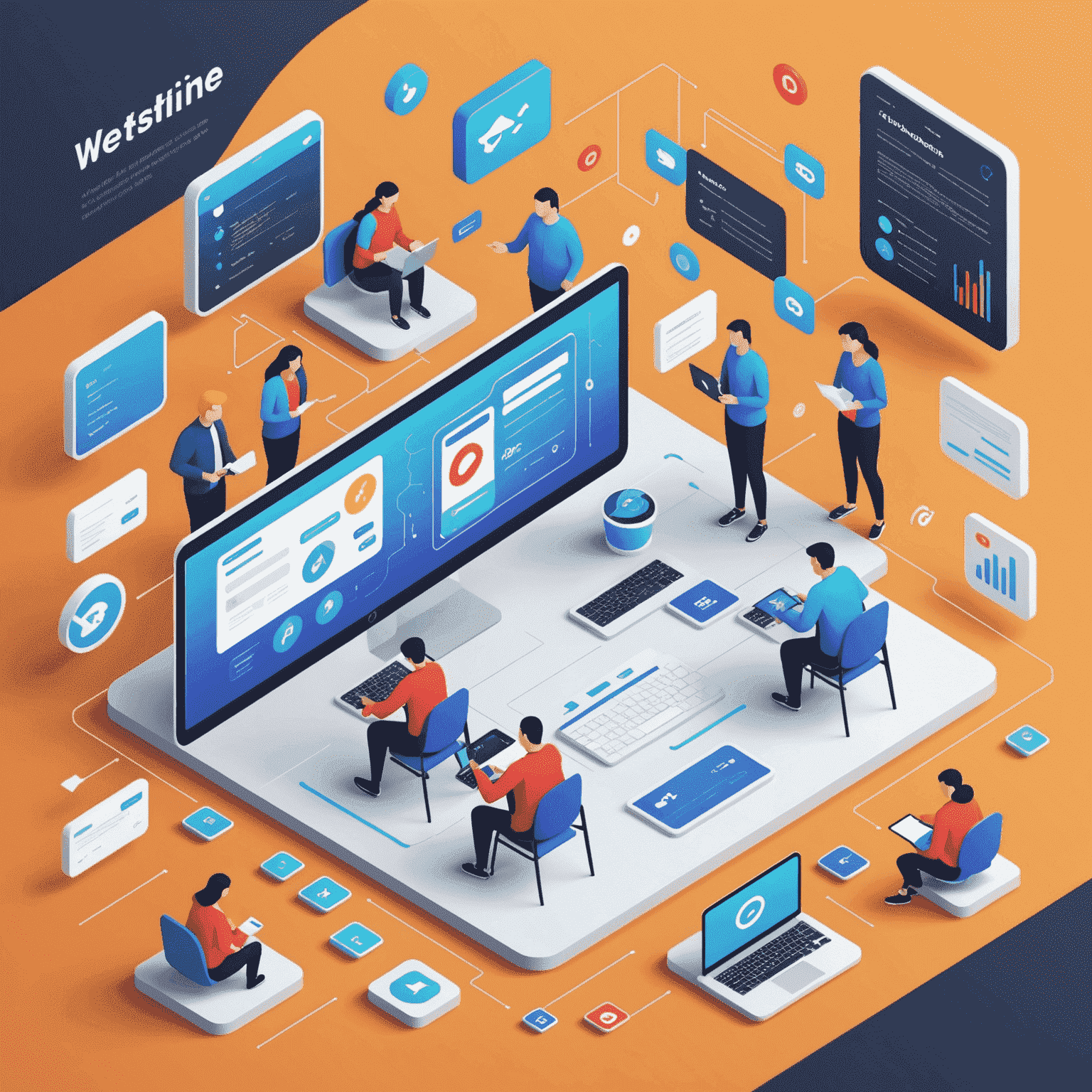 Isometric illustration of people building websites using drag-and-drop interfaces, surrounded by floating UI elements and code snippets