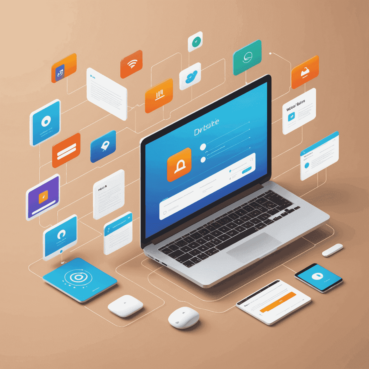 Illustration of drag-and-drop interface with website elements floating and connecting