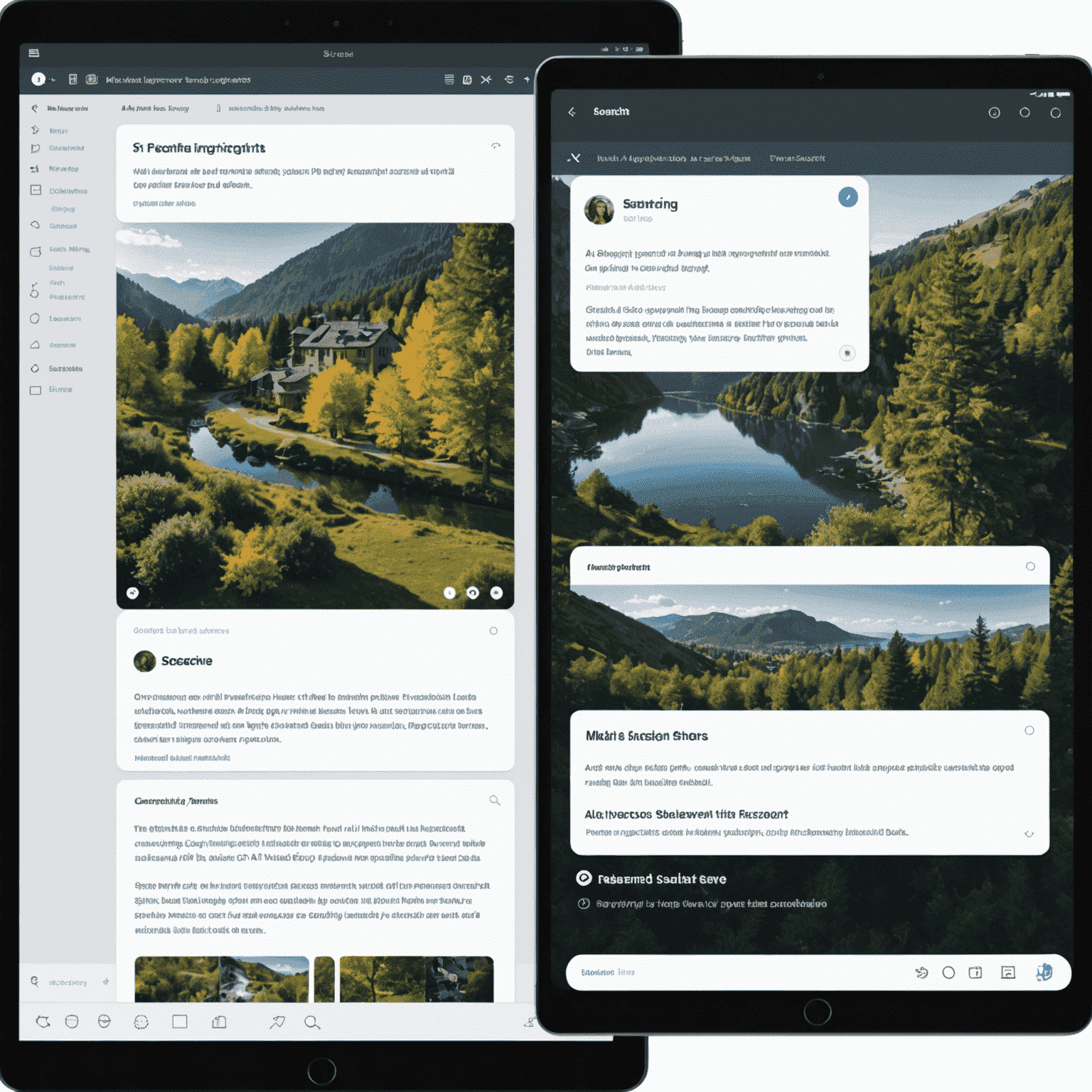 AI-powered design assistant suggesting layout improvements and content ideas. The image shows a split-screen with the user's current design on one side and AI-generated suggestions on the other, with floating particles representing data flow.
