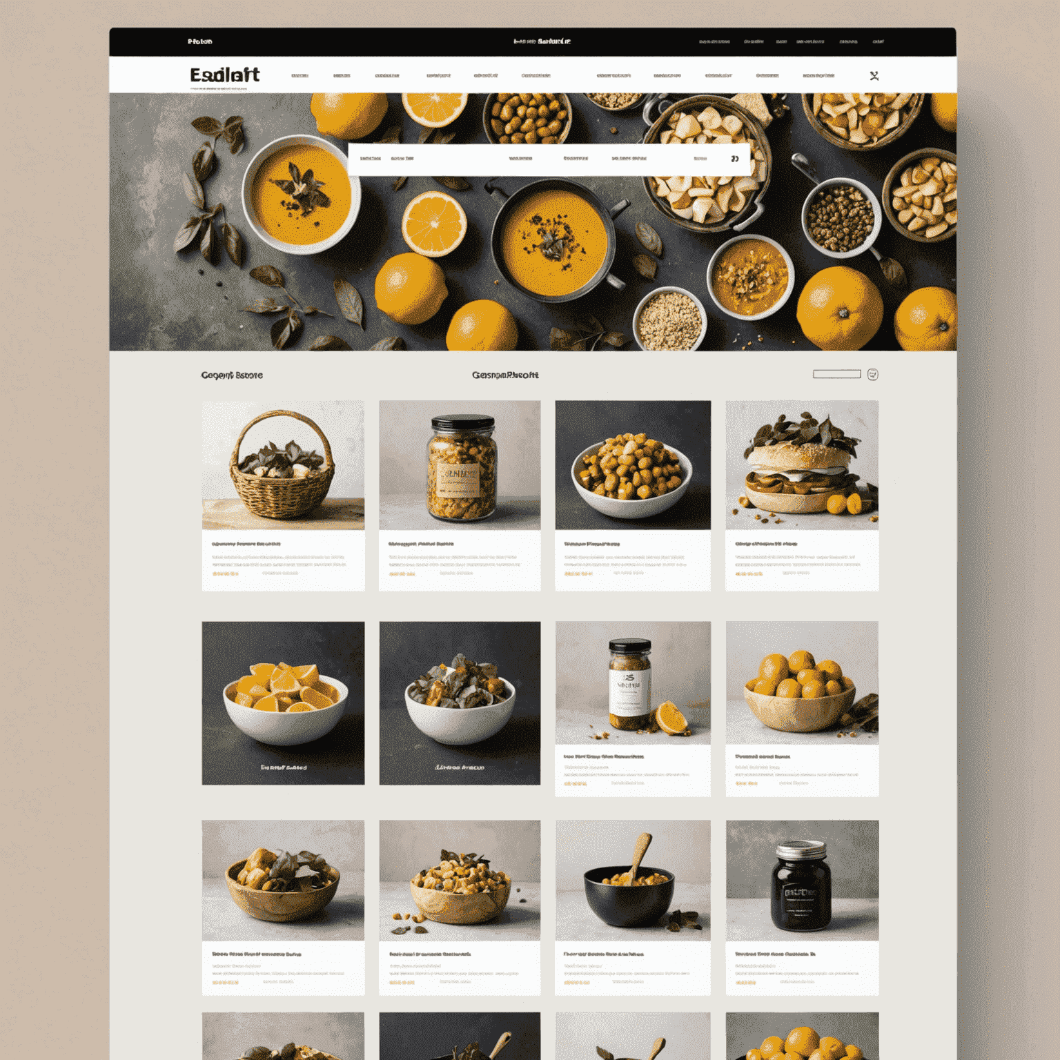E-commerce website template showcasing a grid of product images, shopping cart icon, and search functionality
