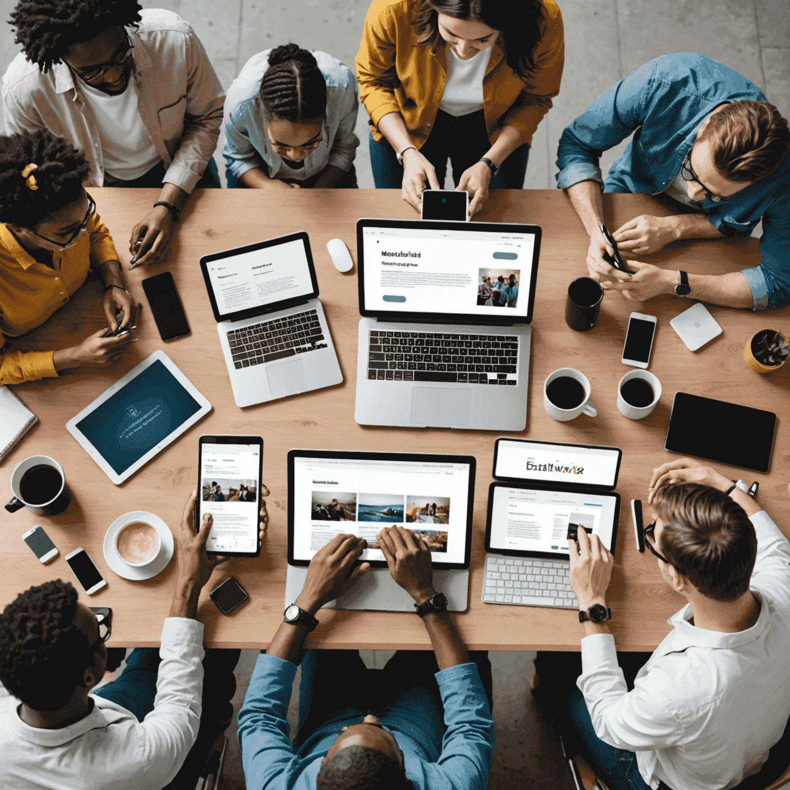 Diverse group of people interacting with various devices, showcasing inclusive web design elements and AI-assisted accessibility features