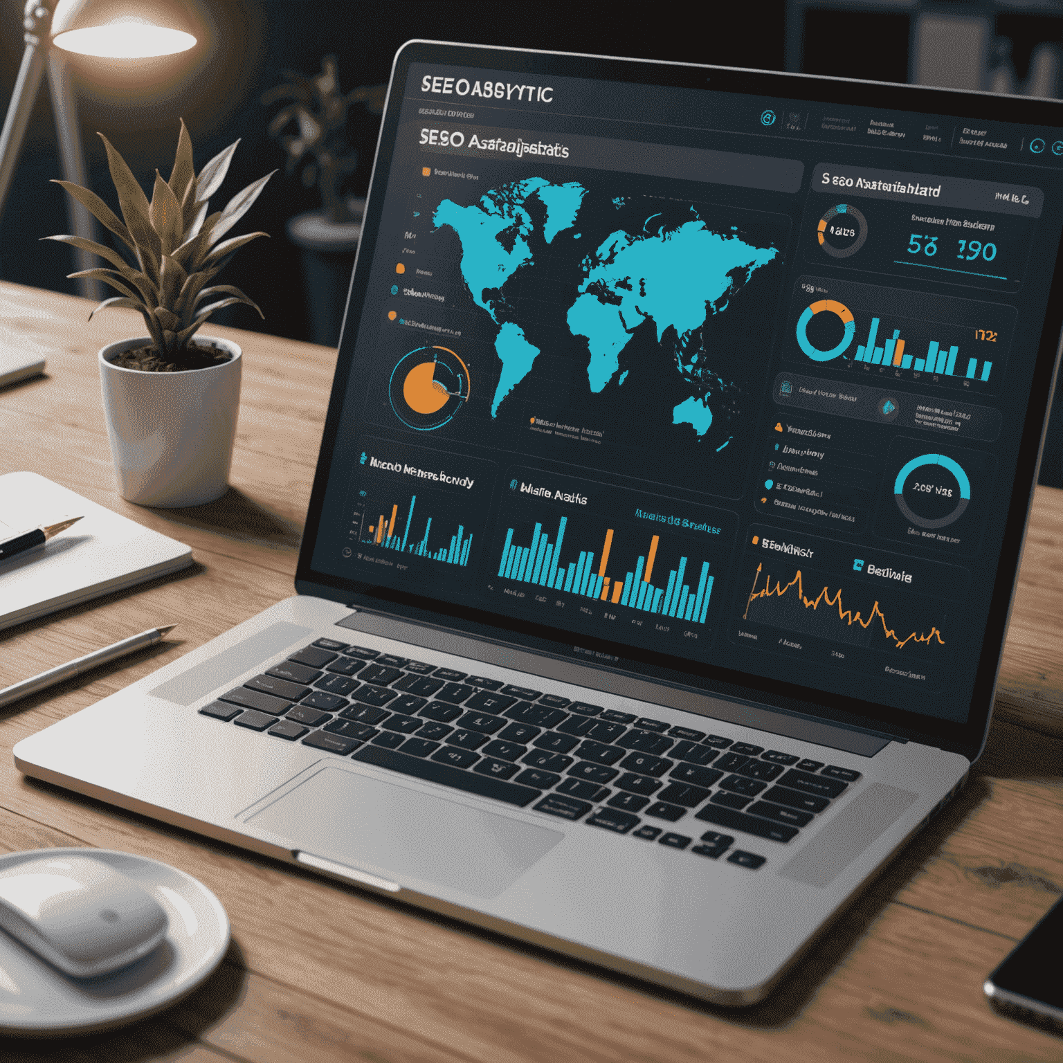 Futuristic 3D rendering of SEO analytics dashboard with AI suggestions